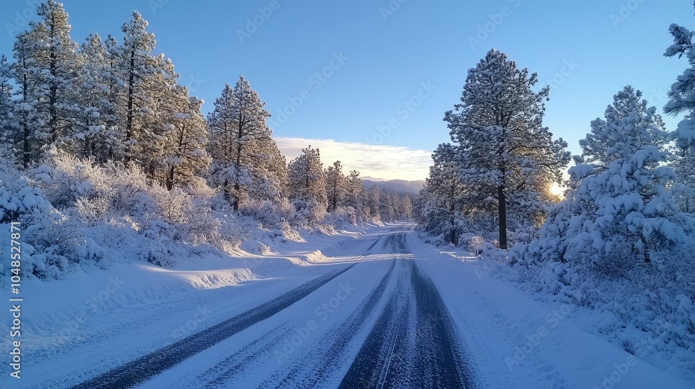 Fototapeta premium Snow-Covered Road Through Pine Trees in Winter Landscape