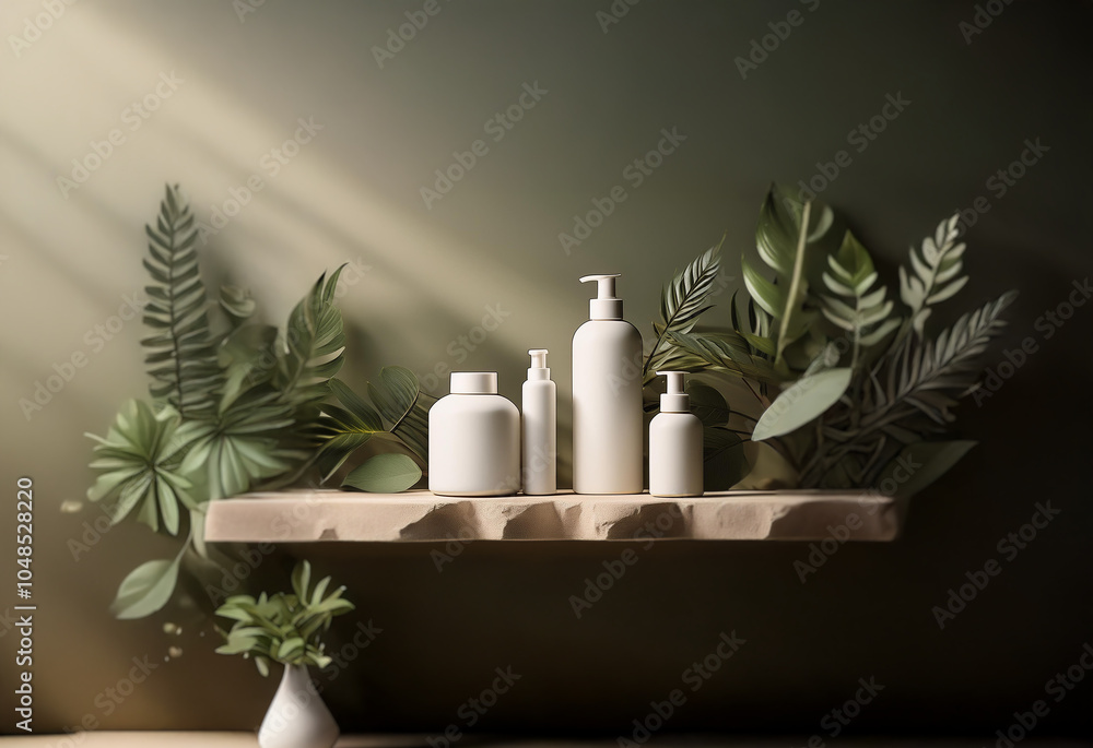 A shelf with various white bottles surrounded by leafy green plants, illuminated by sunlight. A shelf with various white bottles surrounded by leafy green plants, illuminated by sunlight.