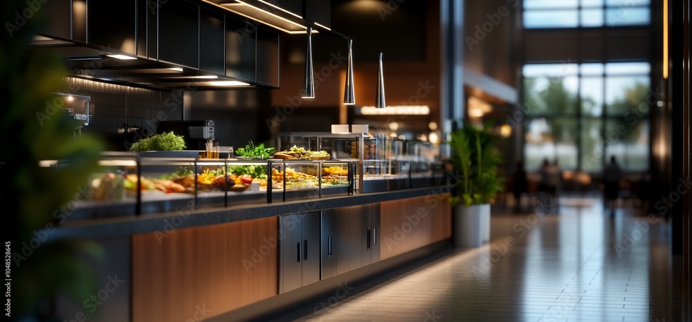 Modern food display counter in a contemporary cafe. Modern food display counter in a contemporary cafe.