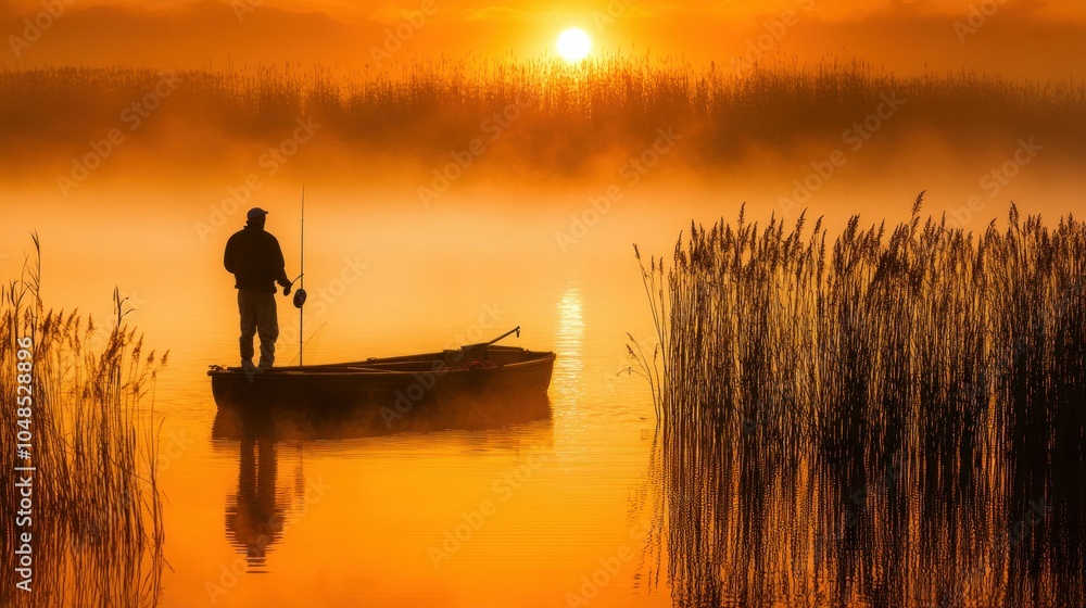 Solitary Fisherman in a Boat at Sunrise with Mist and Reeds Solitary Fisherman in a Boat at Sunrise with Mist and Reeds