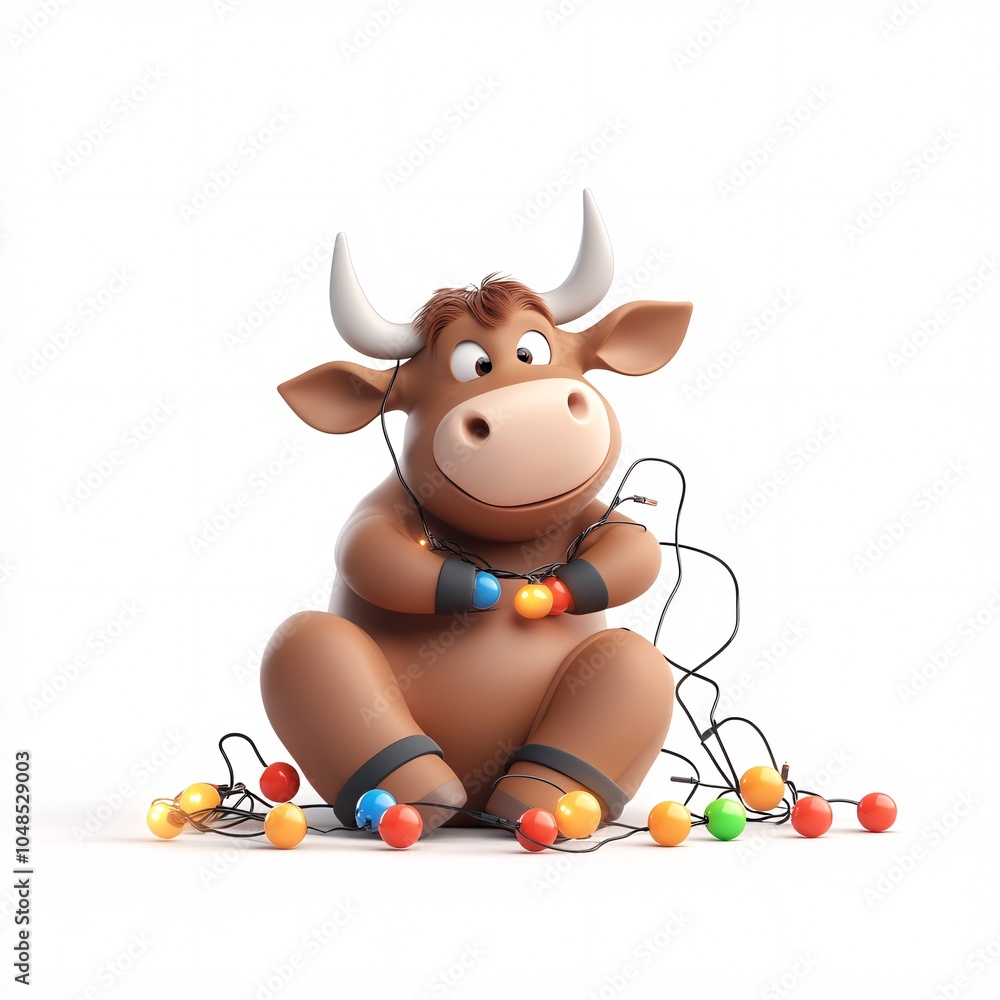 Fototapeta premium Happy Bull with Colorful Lights and Garland