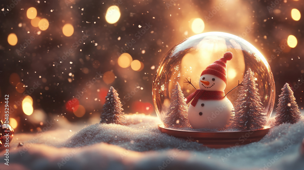 Fototapeta premium cheerful snowman inside holiday snow globe surrounded by snow and trees