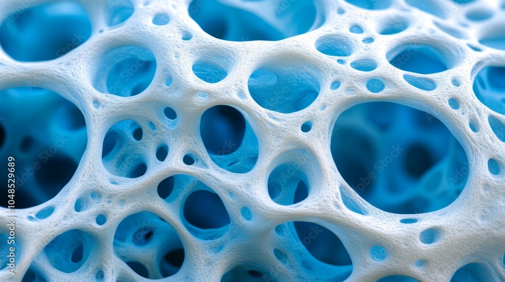 Detailed macro shot of a blue, porous sponge-like structure, showing intricate network of holes and textured surface.
Detailed macro shot of a blue, porous sponge-like structure, showing intricate network of holes and textured surface.