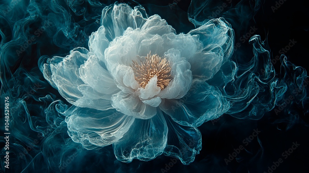 Delicate white flower surrounded by mist on a dark background. Delicate white flower surrounded by mist on a dark background.
