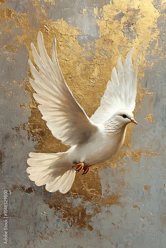 Majestic white dove in flight against a golden background symbolizing peace and freedom in nature's beauty