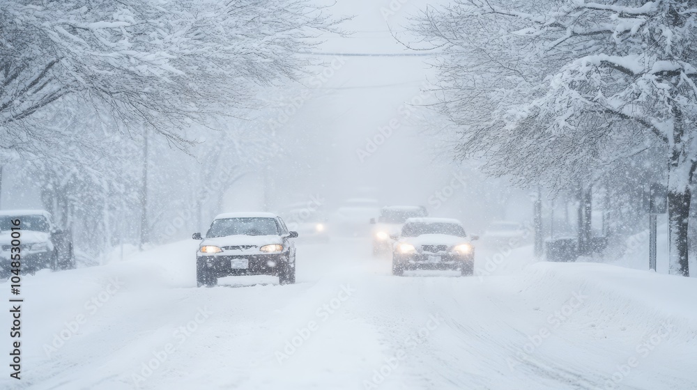 Winter Snowstorm Driving Scene on a Snow-Covered Street Winter Snowstorm Driving Scene on a Snow-Covered Street