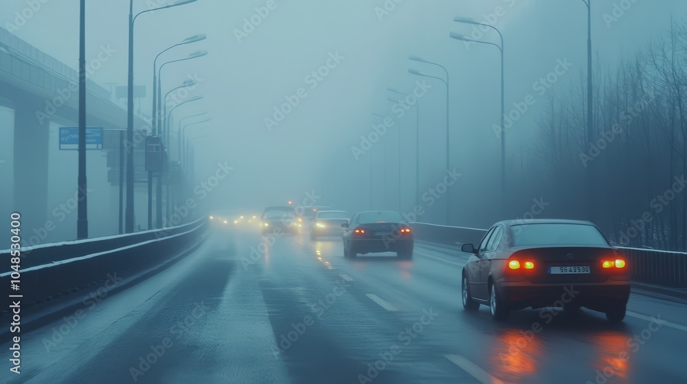 Fototapeta premium Foggy Night Drive on Urban Highway