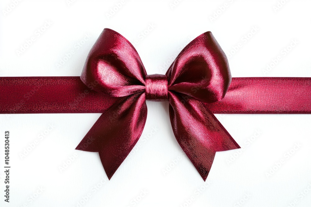 A close-up image of a shiny burgundy ribbon bow resting on a white background, often used for gift wrapping. A close-up image of a shiny burgundy ribbon bow resting on a white background, often used for gift wrapping.