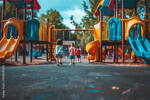 Wallpaper Mural Children playing in a vibrant outdoor playground during sunny afternoon with colorful play structures and slides Torontodigital.ca