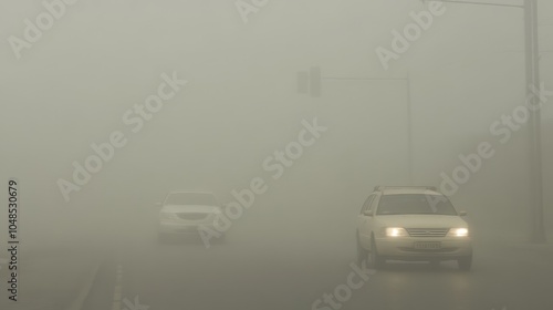 Cars Driving in Thick Fog with Limited Visibility photo