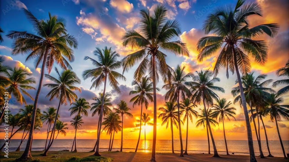 Travel backdrop with coconut palm trees and sunrise in tropical location Depth of Field Travel backdrop with coconut palm trees and sunrise in tropical location Depth of Field