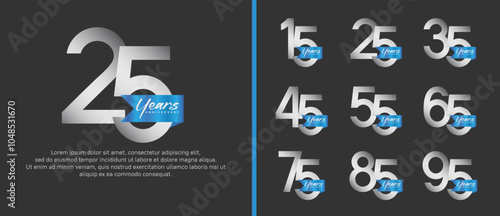 anniversary logotype set. vector design silver color with blue ribbon can be use for celebration event