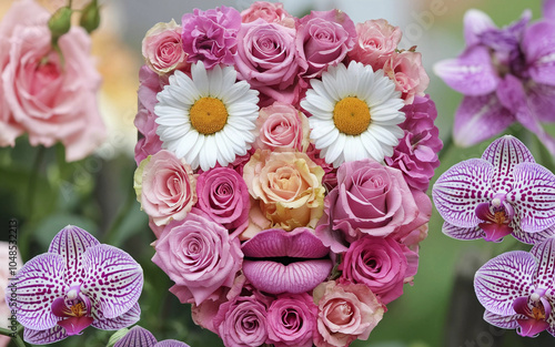 Fantasy Floral Face with Orchids and Roses in Bloom , Generative AI