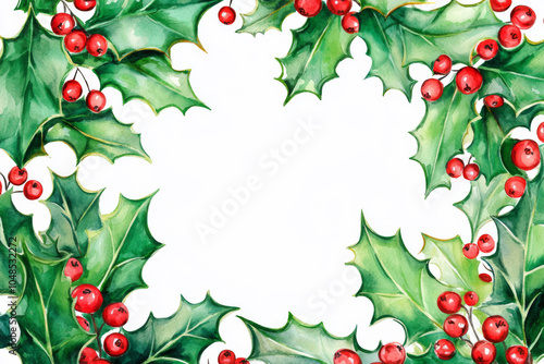 A festive border design featuring holly leaves and red berries, perfect for holiday cards or decorations.