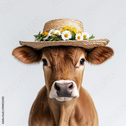Cute Bull in a Straw Hat with Flowers Decoration