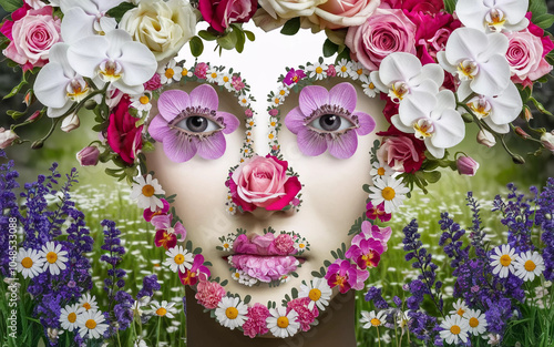 Fantasy Floral Face with Orchid Eyes and Garden Surroundings , Generative AI