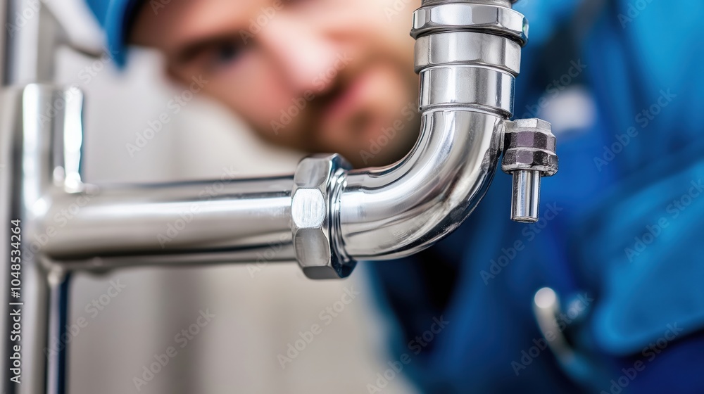 A skilled plumber works diligently on a shining metal pipe in a modern facility workshop A skilled plumber works diligently on a shining metal pipe in a modern facility workshop