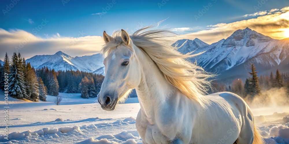 Snow-dusted mane and coat, a magnificent white horse reigns over the winter's silent realm. Snow-dusted mane and coat, a magnificent white horse reigns over the winter's silent realm.