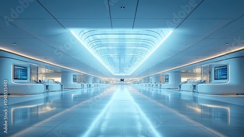 A futuristic airport with fully automated check-in counters and holographic flight information boards, symbolizing the future of global travel and trade.