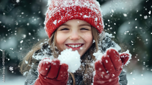 A beautiful charming girl enjoining herself in the snow background of Merry Christmas