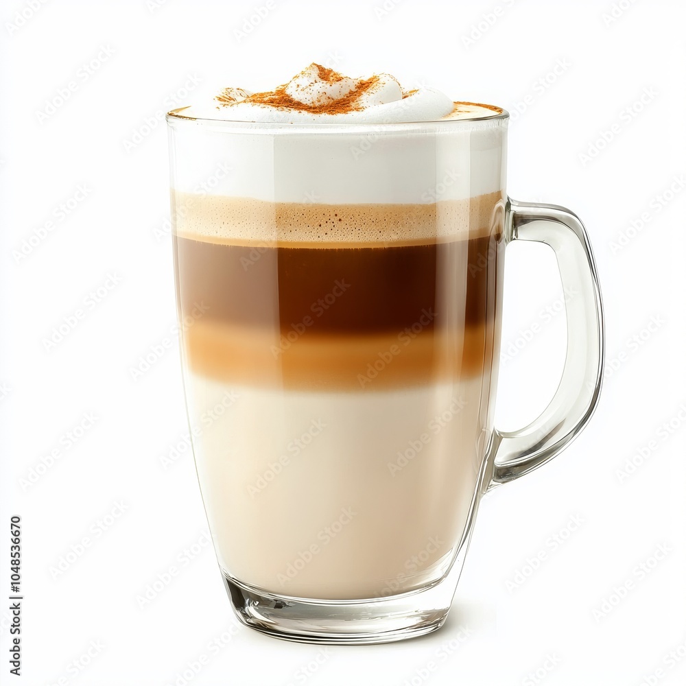 Creamy latte served in a tall glass, with a rich layer of coffee, milk and foam on a white background, highlighting the perfect morning drink experience. Creamy latte served in a tall glass, with a rich layer of coffee, milk and foam on a white background, highlighting the perfect morning drink experience.