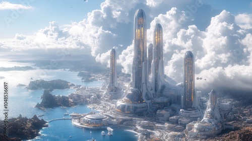 A futuristic global trade center with transparent skyscrapers and autonomous shipping hubs, symbolizing the future of international commerce. photo