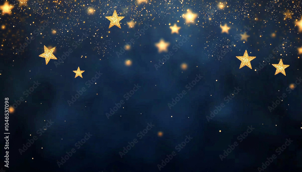 Naklejka premium A serene night sky filled with golden stars against a dark blue backdrop, creating a magical and dreamy atmosphere.
