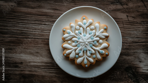 Elegant Snowflake Cookie on Wooden Plate - Intricately Decorated Christmas Cookie with White Icing and Blue Sugar Crystals for Festive Winter Celebrations