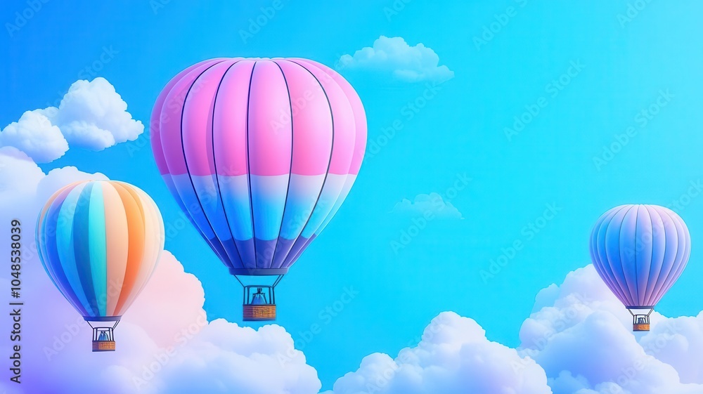 Naklejka premium A whimsical loop of floating hot air balloons, Infinite horizon, Whimsical, Vibrant, Digital Art, Soft clouds