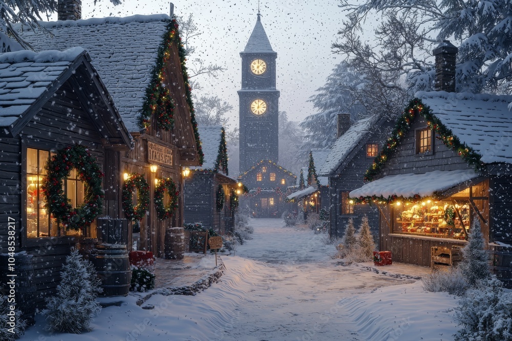 A picturesque winter village scene with snow-covered cottages, festive decorations, and a clock tower, evoking holiday cheer. A picturesque winter village scene with snow-covered cottages, festive decorations, and a clock tower, evoking holiday cheer.