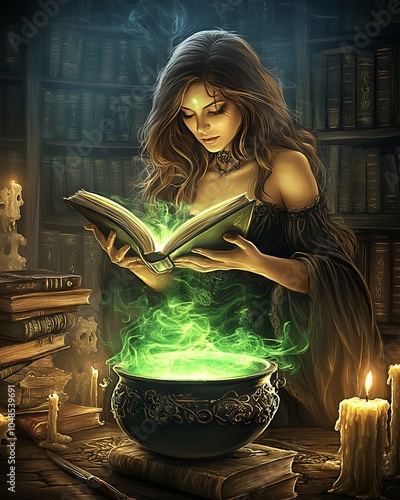 A young woman reads from a spell book as a cauldron steams.