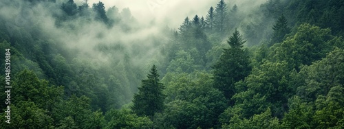 Misty Forest Serenity, vibrant greenery glistening with raindrops, ethereal mist swirling among tree trunks, tranquil and rejuvenating atmosphere