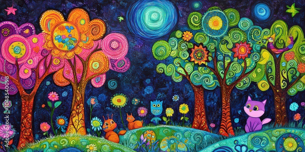 Vibrant drawing of magical forest with thick green trees and multicolored pink, yellow, and purple leaves. Vibrant drawing of magical forest with thick green trees and multicolored pink, yellow, and purple leaves.