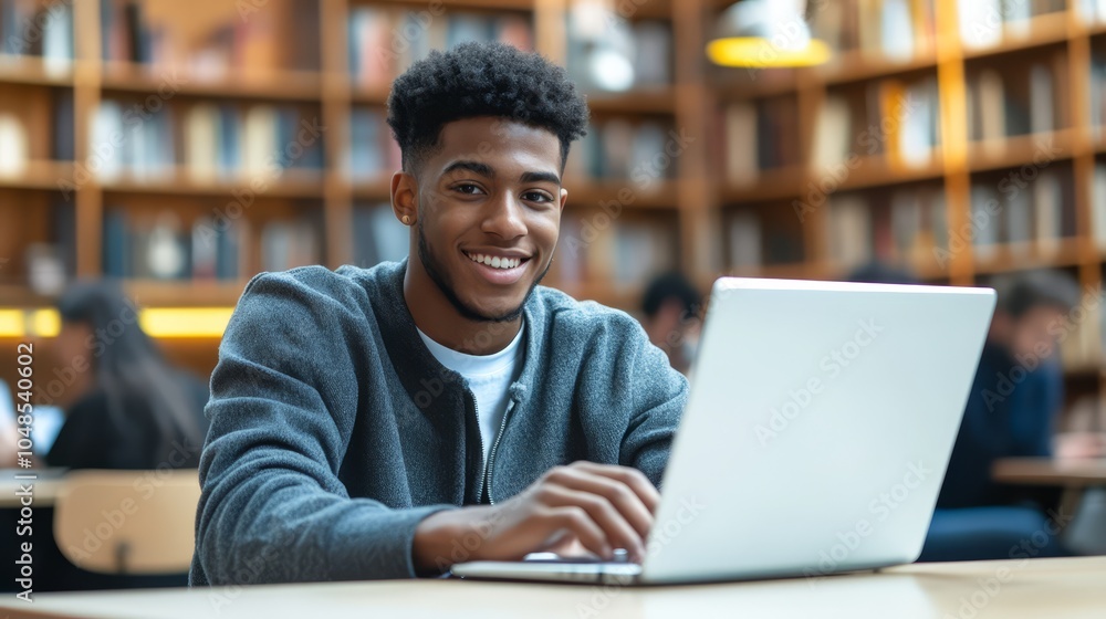 Smiling Student Working on Laptop in Library Smiling Student Working on Laptop in Library
