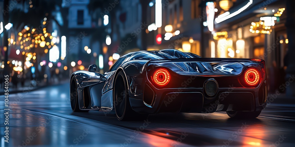 Fototapeta premium Sleek black sports car with red taillights on a city street at night, showcasing luxury, speed, and modern design with urban lights in the background.