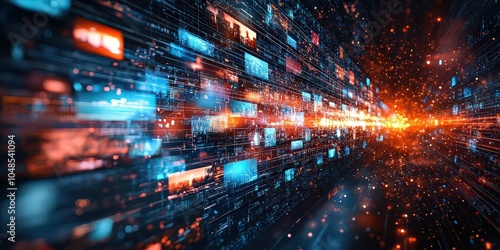  High-speed digital flow in blue and orange tones  symbolizing data transfer  communication  and the energy of digital networks in a dynamic scene.