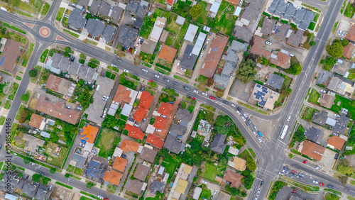 Panoramic aerial drone view of Northern Melbourne Suburbs with Houses roads and parks in Melbourne Victoria Australia