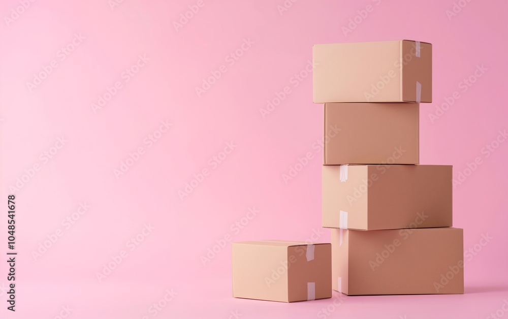 Obraz premium A stack of beige cardboard boxes is set against a pink background. Ideal for packaging, shipping, or minimalist design themes.