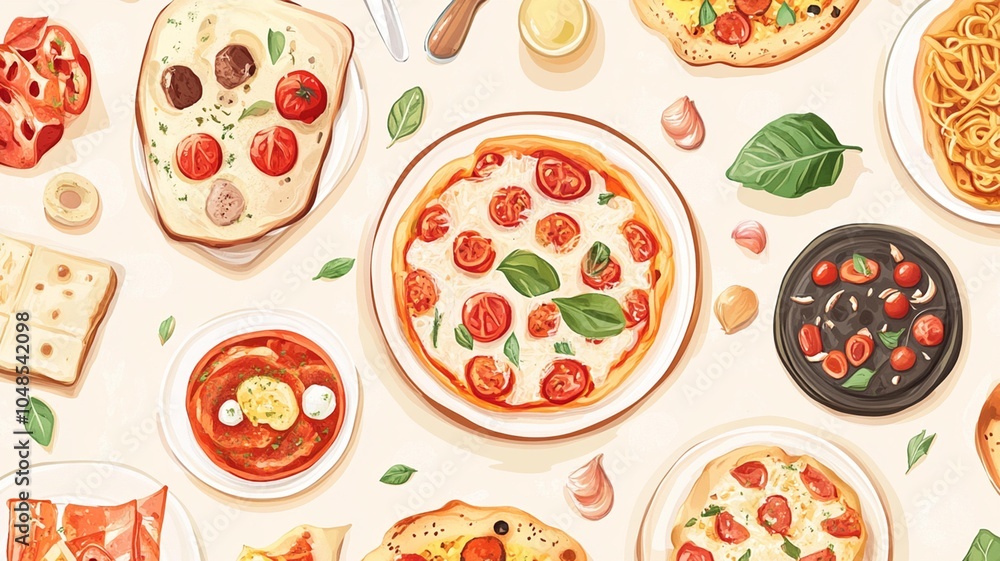 Italian dishes top view on a beige background Italian dishes top view on a beige background