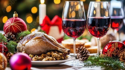 Festive Holiday Feast with Wine and Christmas Decor