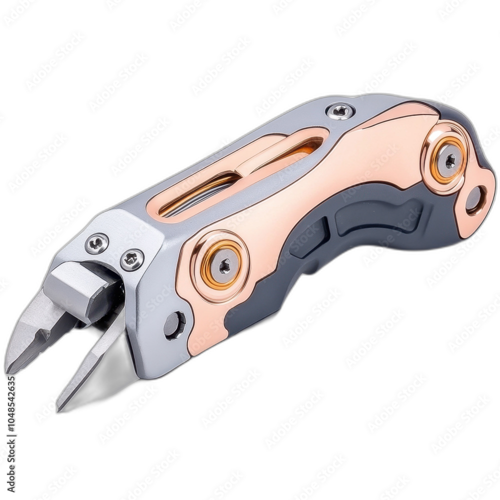 Fototapeta premium Multi tool knife with pliers copper grey metal isolated transparent background