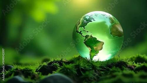 Glowing glass planet earth on green natural background, ecology concept