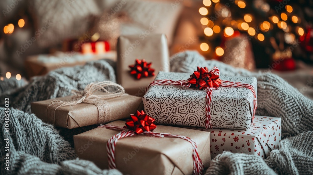 Holiday gift boxes wrapped in colorful paper and ribbons, placed on a white studio floor Holiday gift boxes wrapped in colorful paper and ribbons, placed on a white studio floor