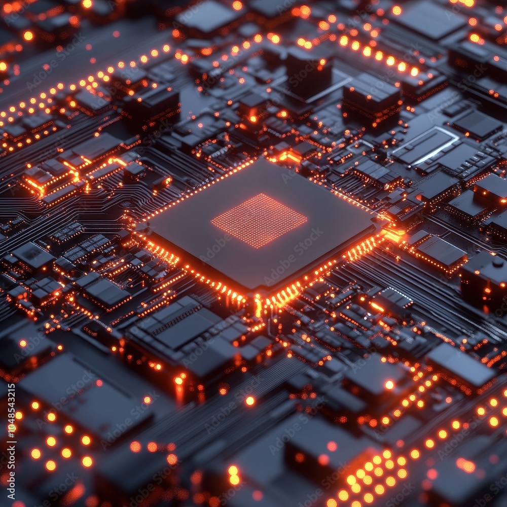 Fototapeta premium Close-up of a glowing CPU processor on a circuit board.
