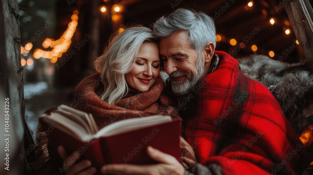 Cozy Couple Reading Book by Fireplace with Warm Blanket and Lights Cozy Couple Reading Book by Fireplace with Warm Blanket and Lights