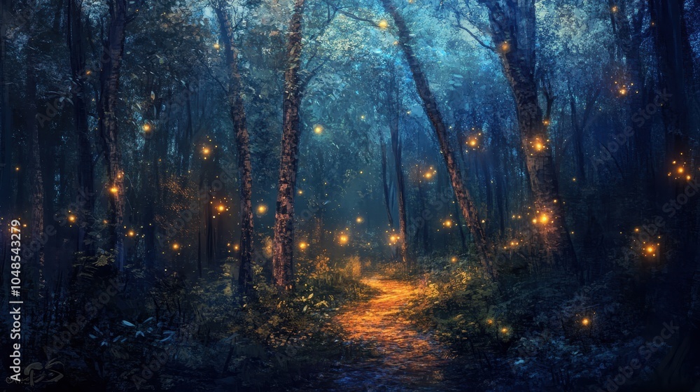 Enchanting Firefly Forest Path - Magical Nighttime Nature Scene. Enchanting Firefly Forest Path - Magical Nighttime Nature Scene.