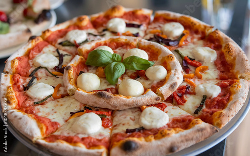 Classic Italian Pizza with Mozzarella Balls and Fresh Basil, Generative AI