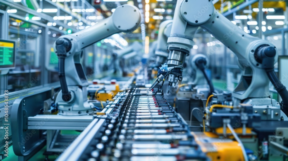 Robotic Arms Assembling Products on a Conveyor Belt in a Factory Robotic Arms Assembling Products on a Conveyor Belt in a Factory