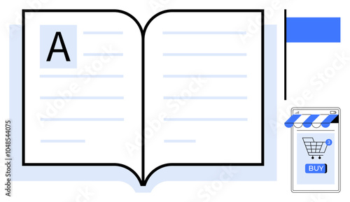 Open book with a large letter A on the left page and blue lines. Mobile device screen displaying a shopping cart and a buy button on the right. Ideal for e-learning, reading, online shopping, mobile