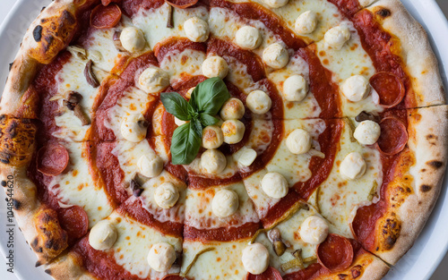 Cheese-Filled Pizza with Mozzarella Balls and Fresh Basil, Generative AI